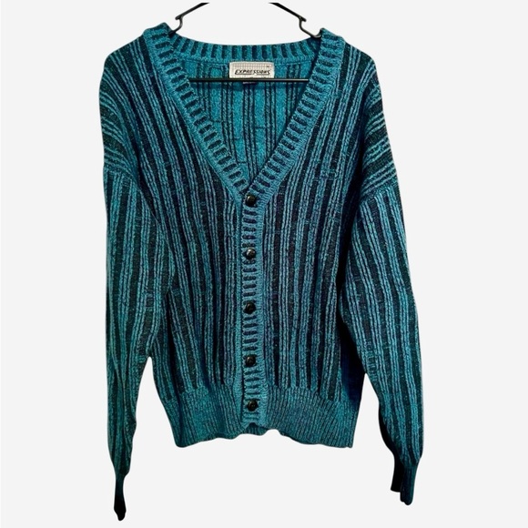 Vintage 90s Expressions Green Textured V-Neck Button-Up Cardigan Sweater Size M - Picture 2 of 5